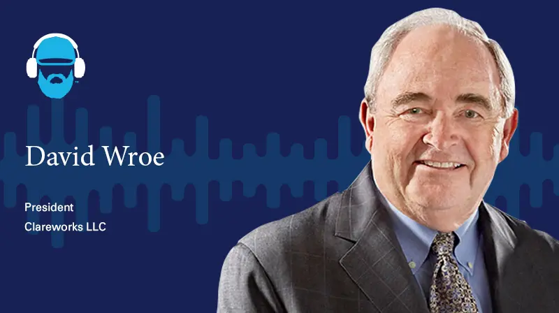 David Wroe President, Clareworks LLC  A photo of David Wroe President, Clareworks LLC on a dark blue background with a soundwave design
