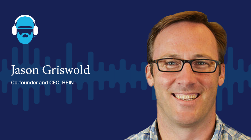 Jason Griswold Co-Founder and CEO, REIN  A photo of Jason Griswold Co-Founder and CEO, REIN on a dark blue background with a soundwave design